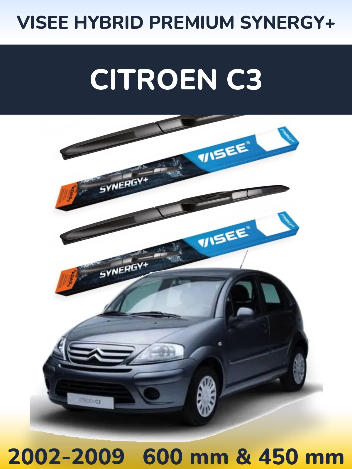 Sada předních stěračů VISEE HYBRID PREMIUM SYNERGY+ 600 a 450 mm pro Citroen C3 2002-2009