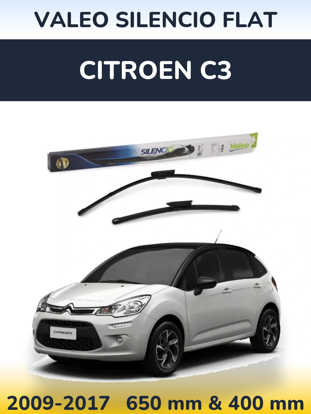 Sada předních stěračů Valeo Silencio Flat 650 a 400 mm pro Citroen C3 2009-2017