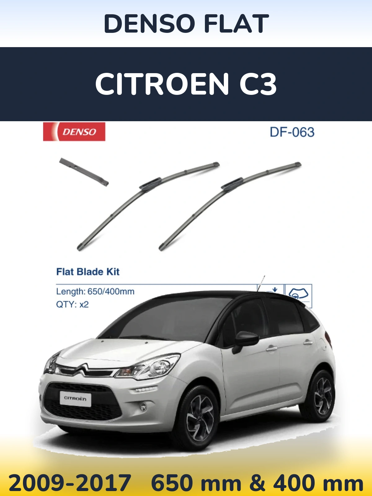 Sada předních stěračů Denso Flat 650 a 400 mm pro Citroen C3 2009-2017
