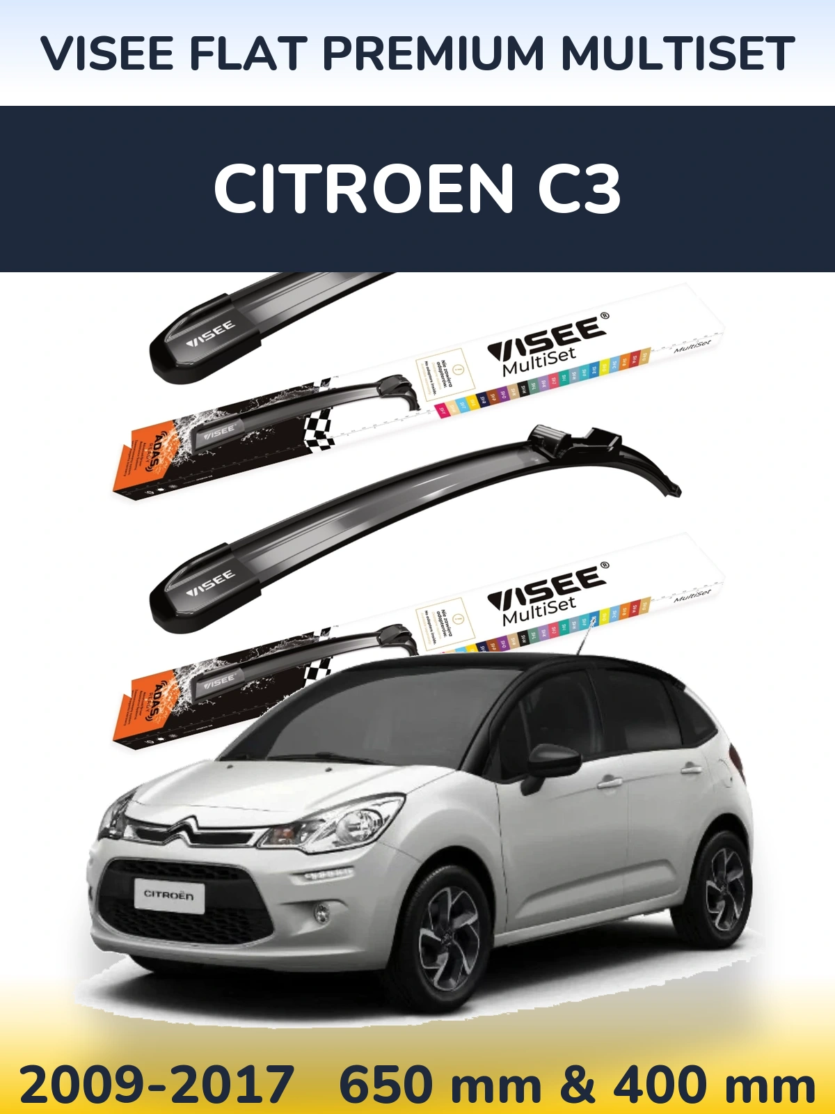 Sada předních stěračů VISEE FLAT PREMIUM MultiSet 650 a 400 mm pro Citroen C3 2009-2017
