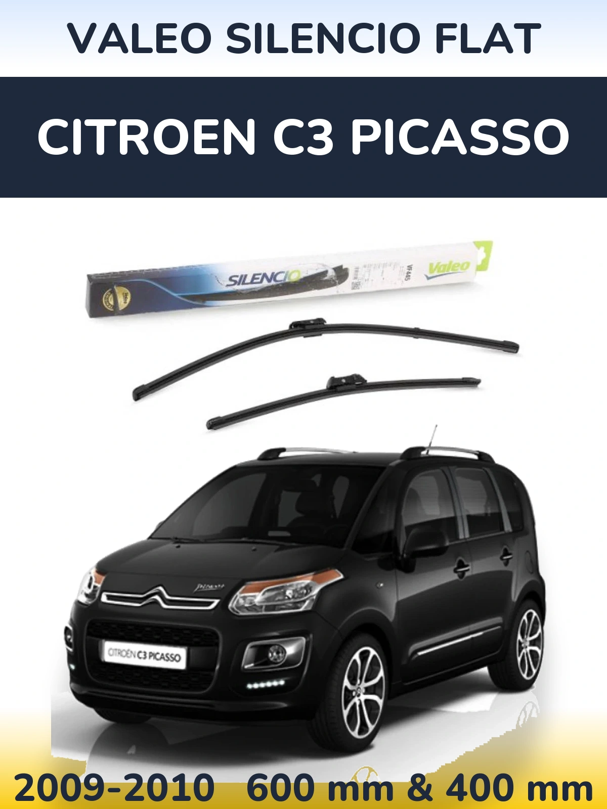 Sada předních stěračů Valeo Silencio Flat 600 a 400 mm pro Citroen C3 Picasso 2009-2010