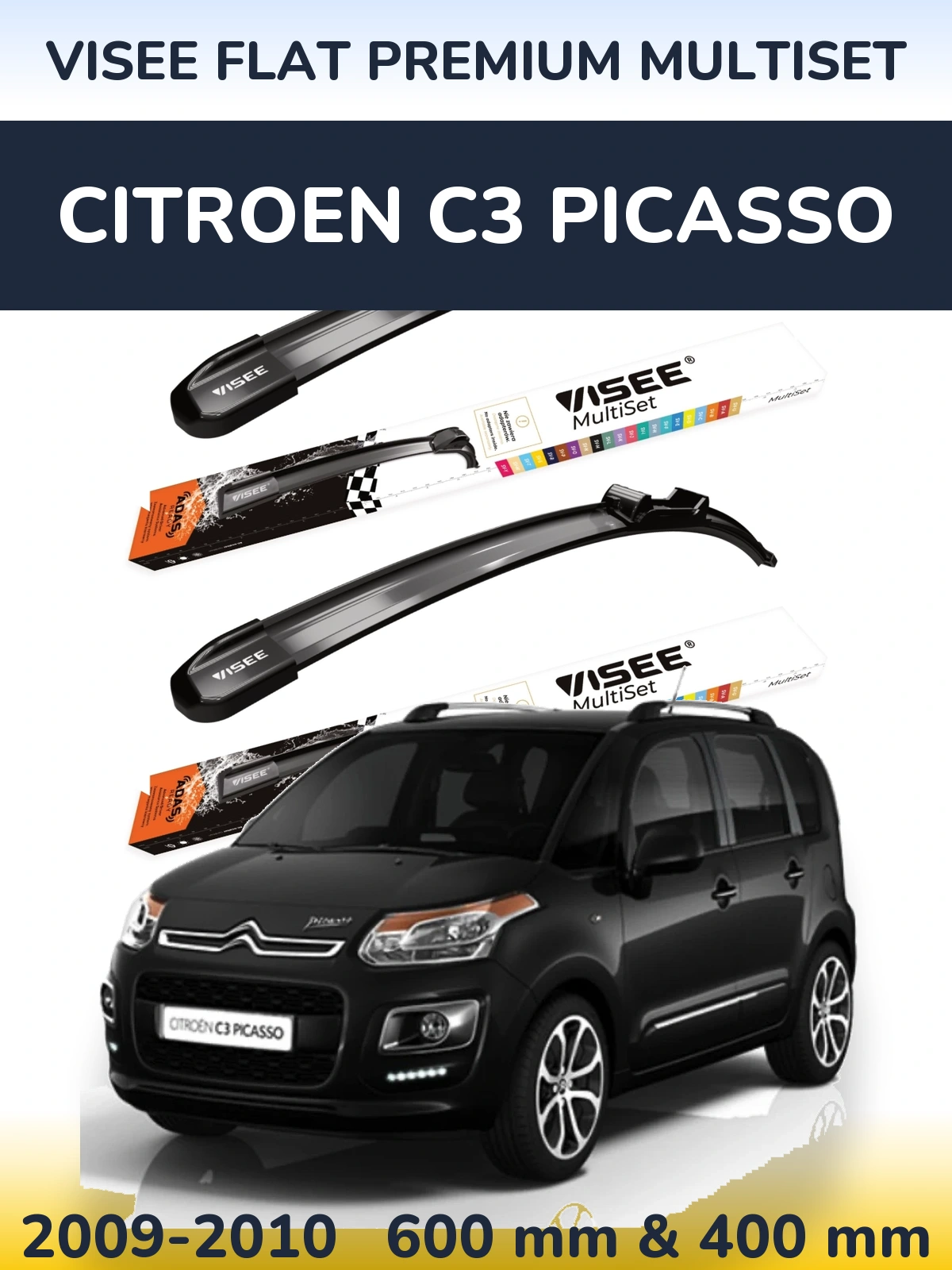 Sada předních stěračů VISEE FLAT PREMIUM MultiSet 600 a 400 mm pro Citroen C3 Picasso 2009-2010