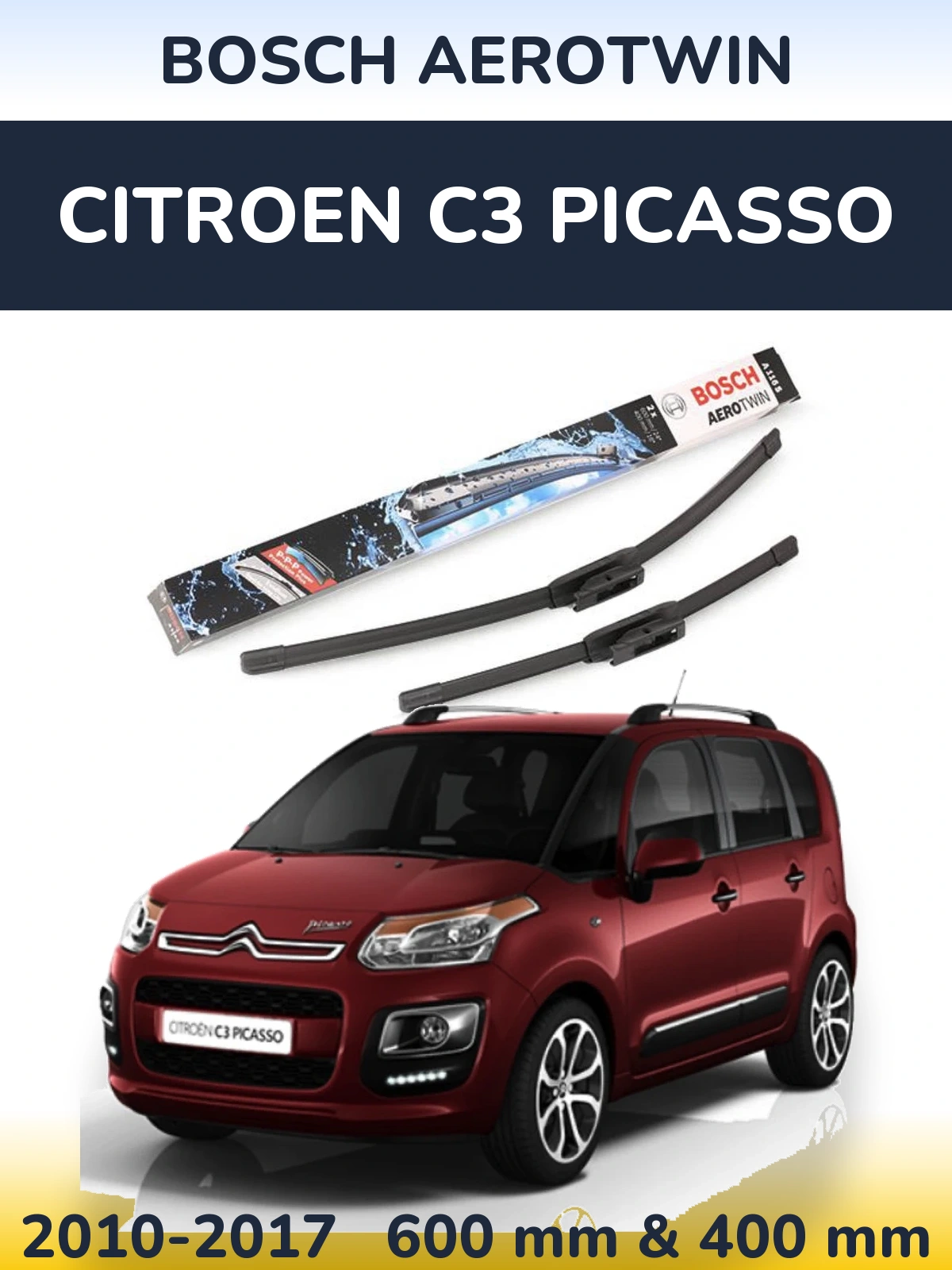 Комплект передніх щіток BOSCH AeroTwin 600 & 400 мм для Citroen C3 Picasso 2010-2017
