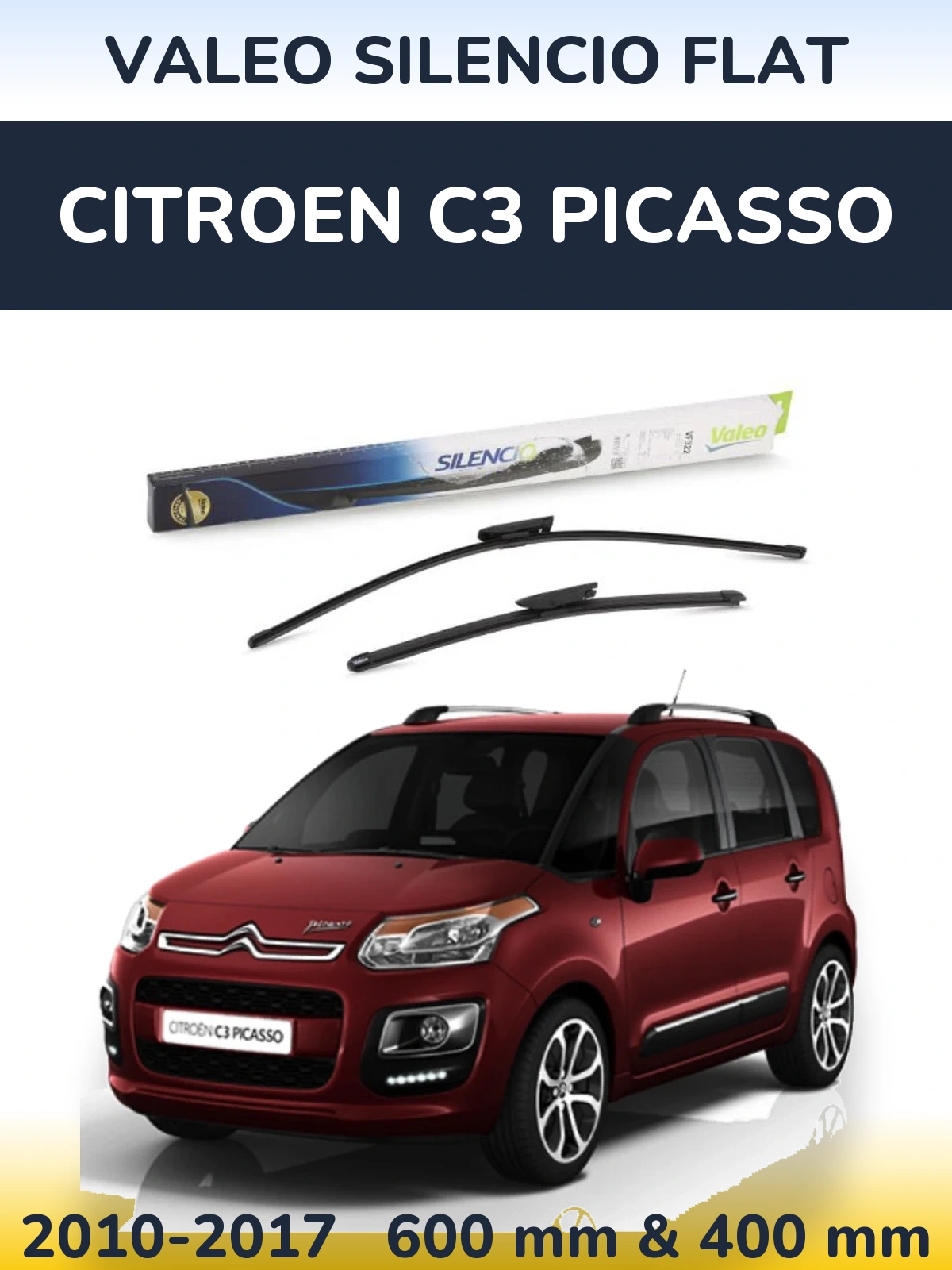 Sada předních stěračů Valeo Silencio Flat 600 a 400 mm pro Citroen C3 Picasso 2010-2017
