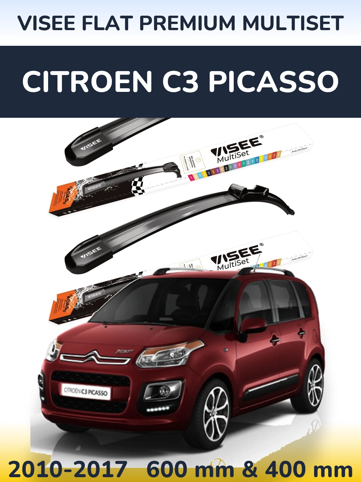 Sada předních stěračů VISEE FLAT PREMIUM MultiSet 600 a 400 mm pro Citroen C3 Picasso 2010-2017