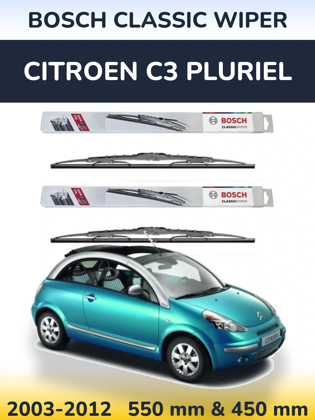 Sada předních stěračů BOSCH Classic Wiper 550 a 450 mm pro Citroen C3 Pluriel 2003-2012