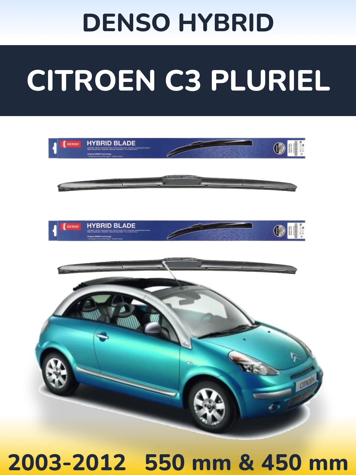 Sada předních stěračů Denso Hybrid 550 a 450 mm pro Citroen C3 Pluriel 2003-2012