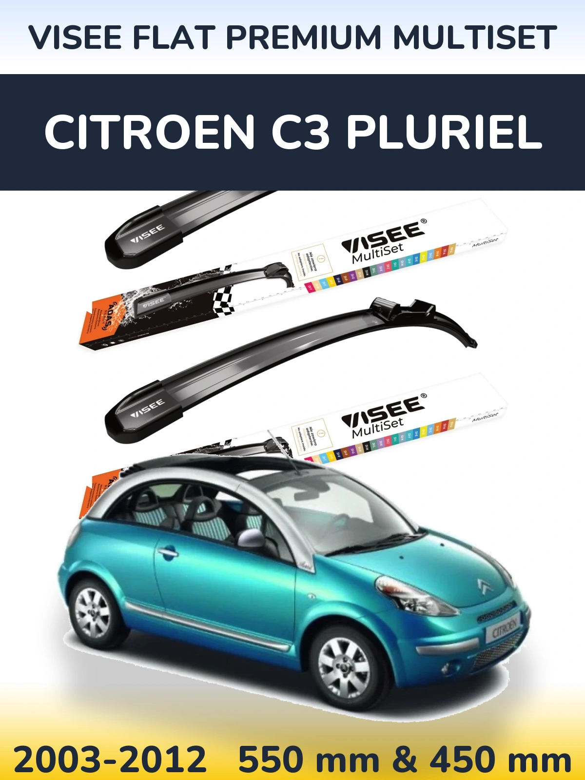 Sada předních stěračů VISEE FLAT PREMIUM MultiSet 550 a 450 mm pro Citroen C3 Pluriel 2003-2012