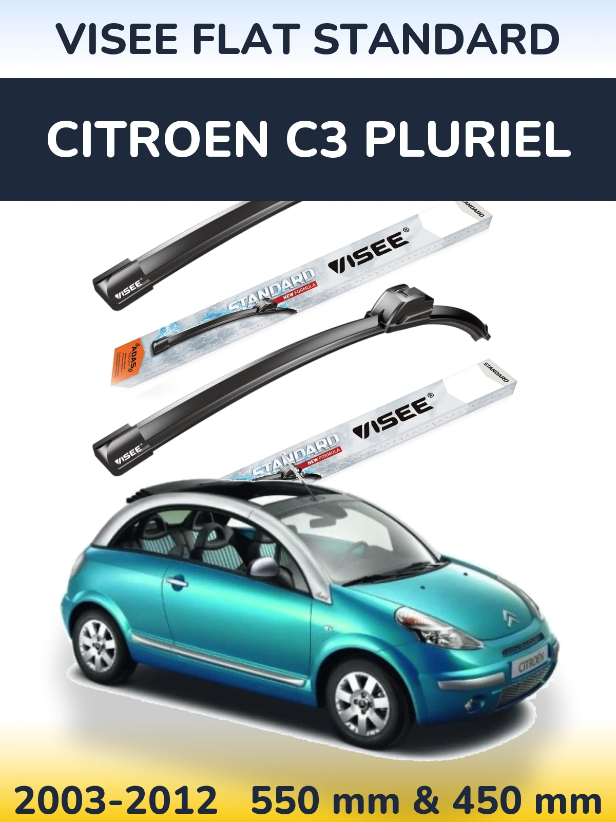 Sada předních stěračů VISEE FLAT STANDARD 550 a 450 mm pro Citroen C3 Pluriel 2003-2012