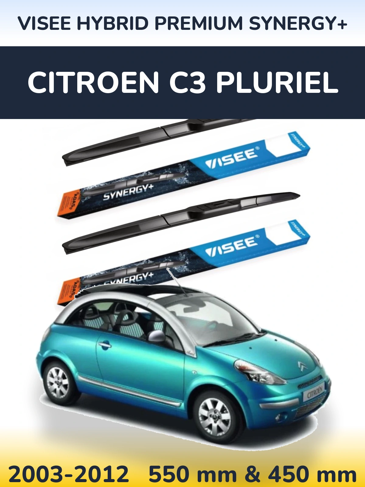 Sada předních stěračů VISEE HYBRID PREMIUM SYNERGY+ 550 a 450 mm pro Citroen C3 Pluriel 2003-2012