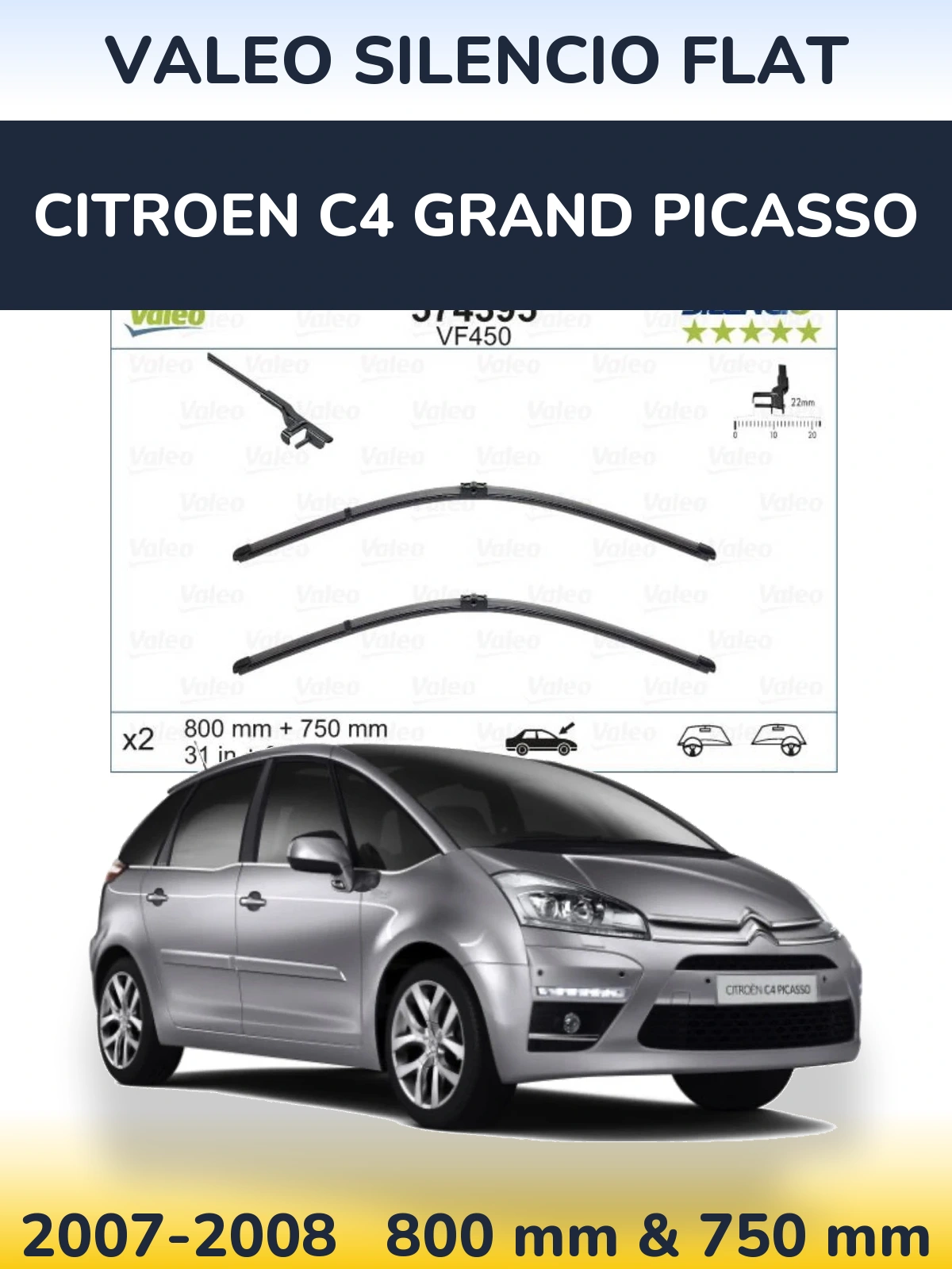 Sada předních stěračů Valeo Silencio Flat 800 a 750 mm pro Citroen C4 Grand Picasso 2007-2008