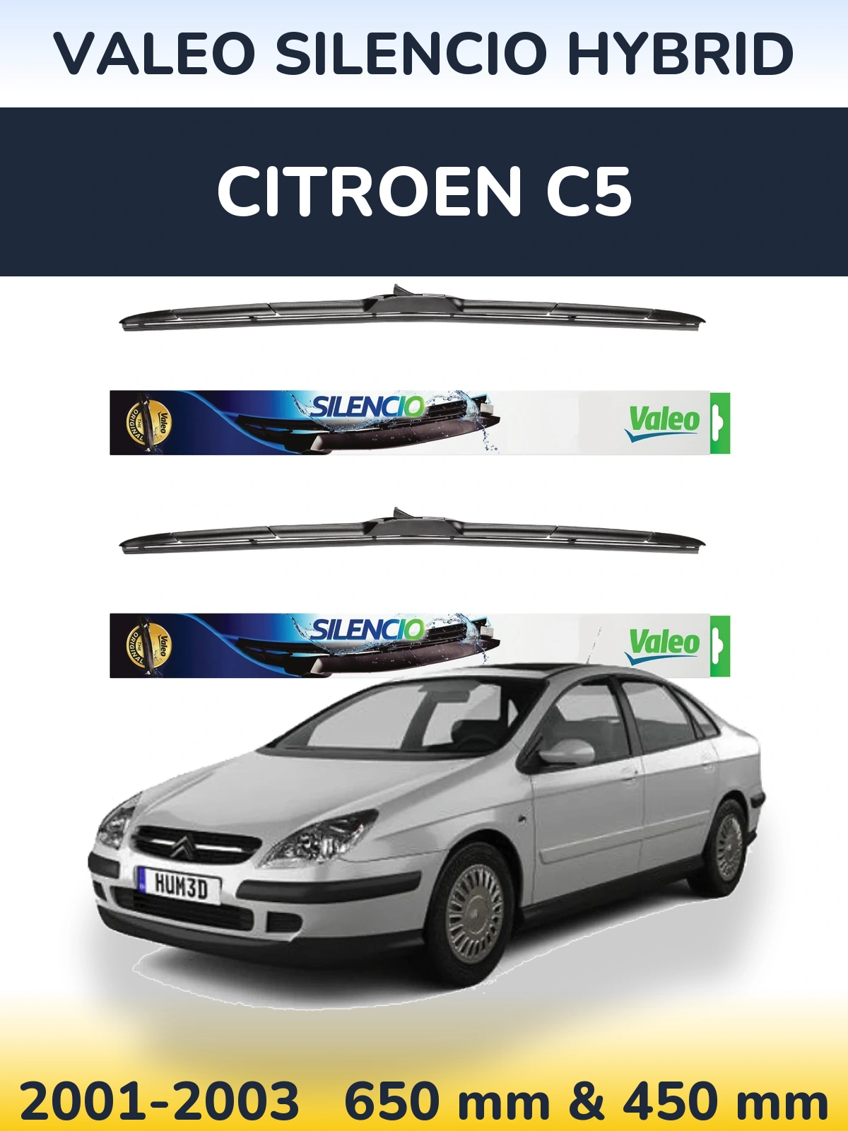 Sada předních stěračů Valeo Silencio Hybrid 650 a 450 mm pro Citroen C5 2001-2003