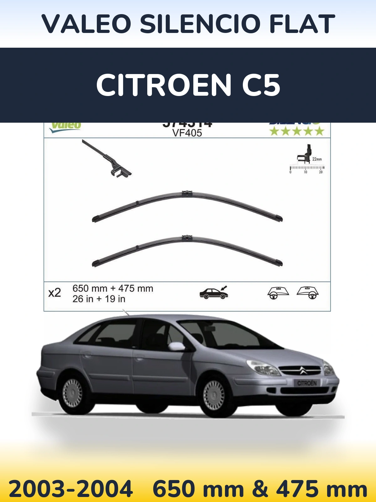 Sada předních stěračů Valeo Silencio Flat 650 a 475 mm pro Citroen C5 2003-2004