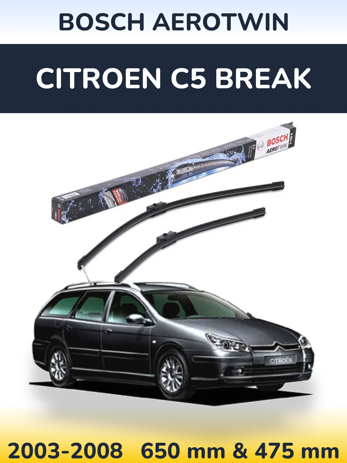 Sada předních stěračů BOSCH AeroTwin 650 a 475 mm pro Citroen C5 Break 2003-2008
