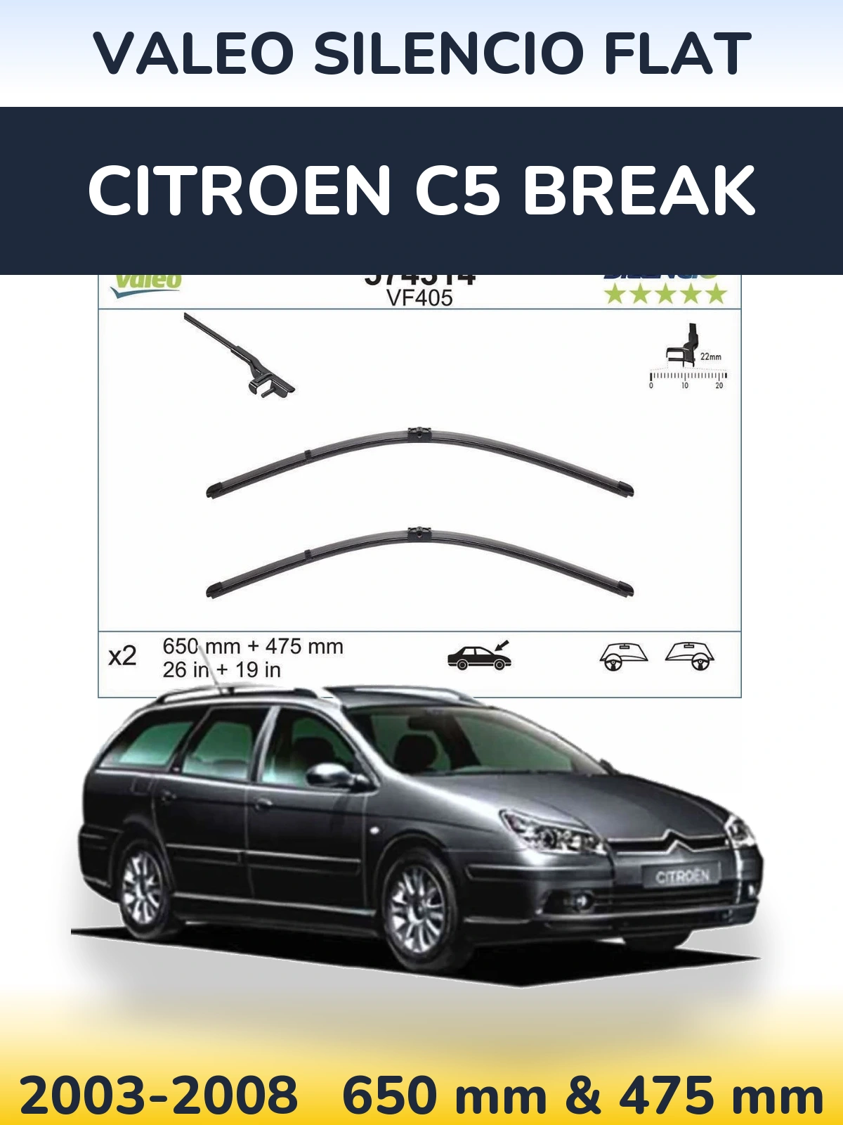Sada předních stěračů Valeo Silencio Flat 650 a 475 mm pro Citroen C5 Break 2003-2008
