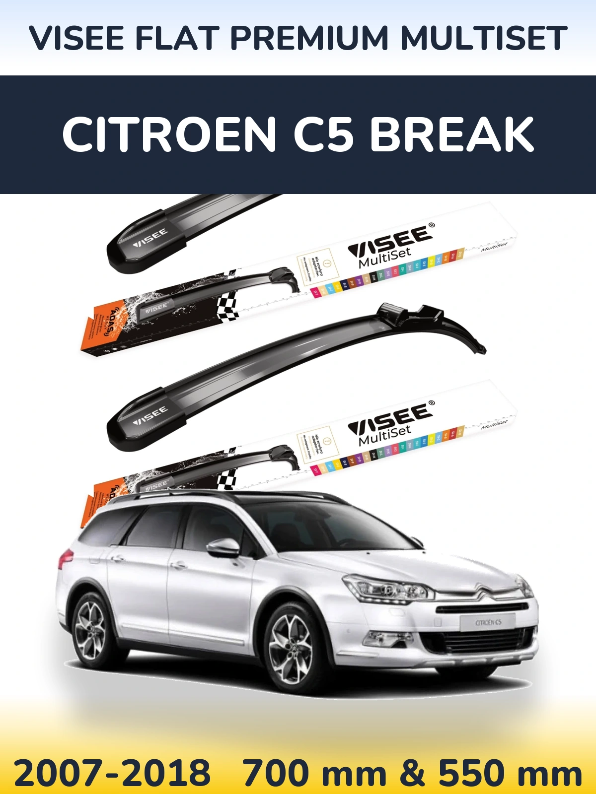 Sada předních stěračů VISEE FLAT PREMIUM MultiSet 700 a 550 mm pro Citroen C5 Break 2007-2018