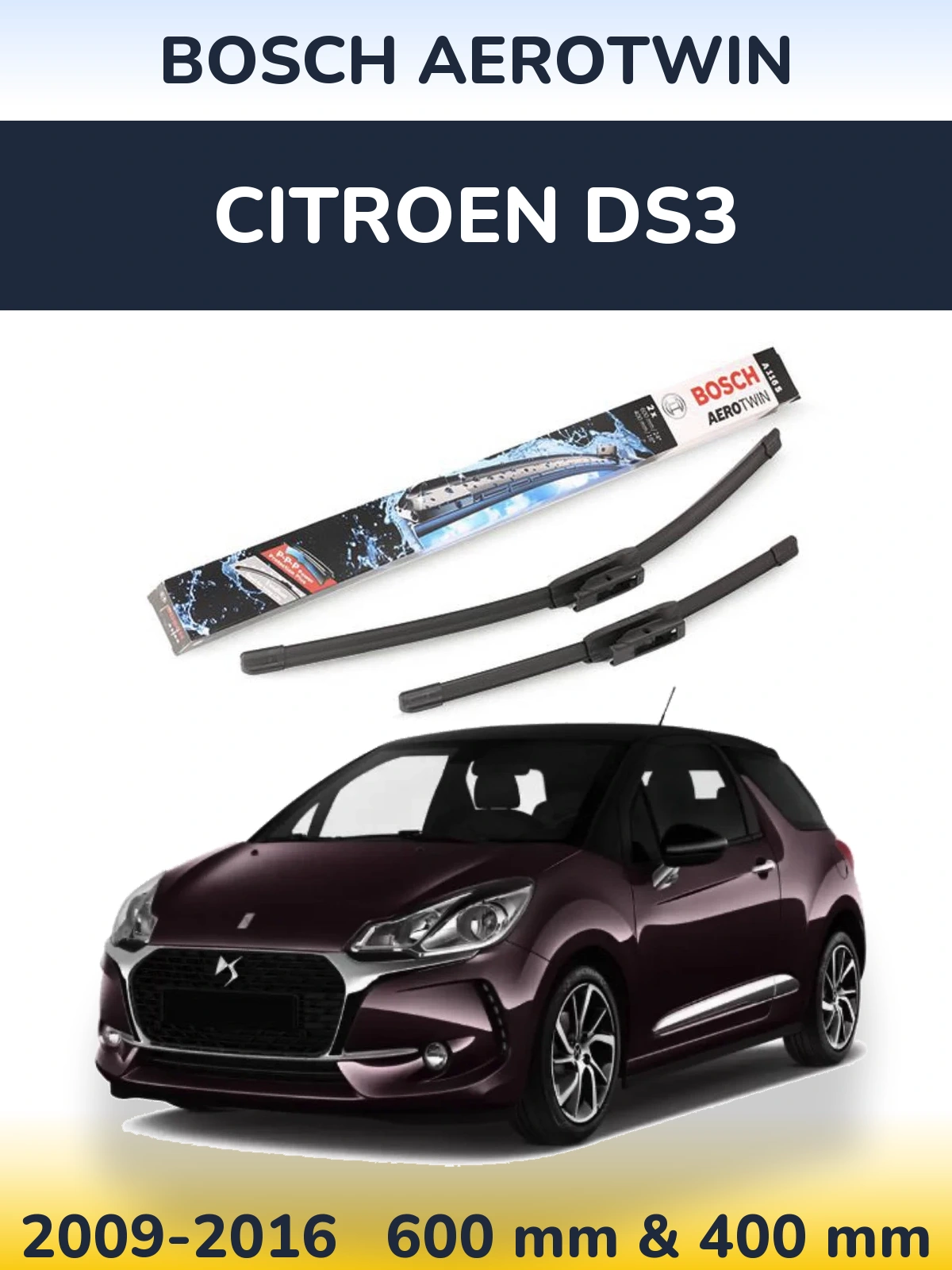 Комплект передніх щіток BOSCH AeroTwin 600 & 400 мм для Citroen DS3 2009-2016