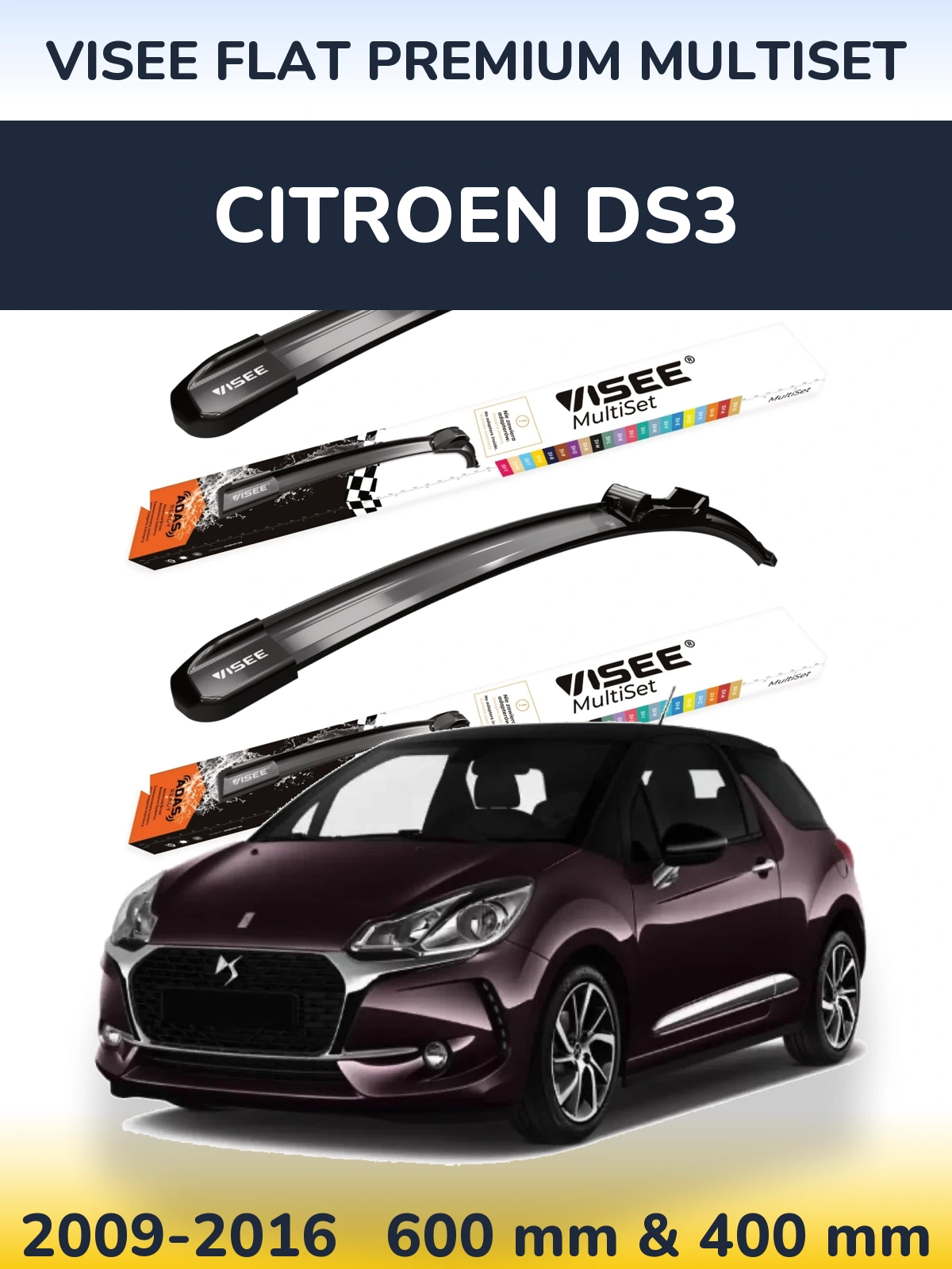 Sada předních stěračů VISEE FLAT PREMIUM MultiSet 600 a 400 mm pro Citroen DS3 2009-2016