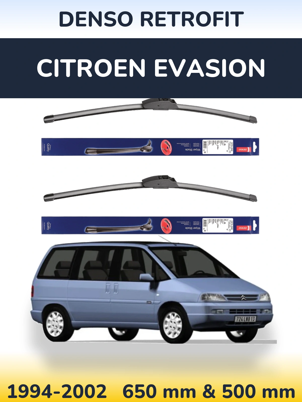 Sada předních stěračů Denso Retrofit 650 a 500 mm pro Citroen Evasion 1994-2002