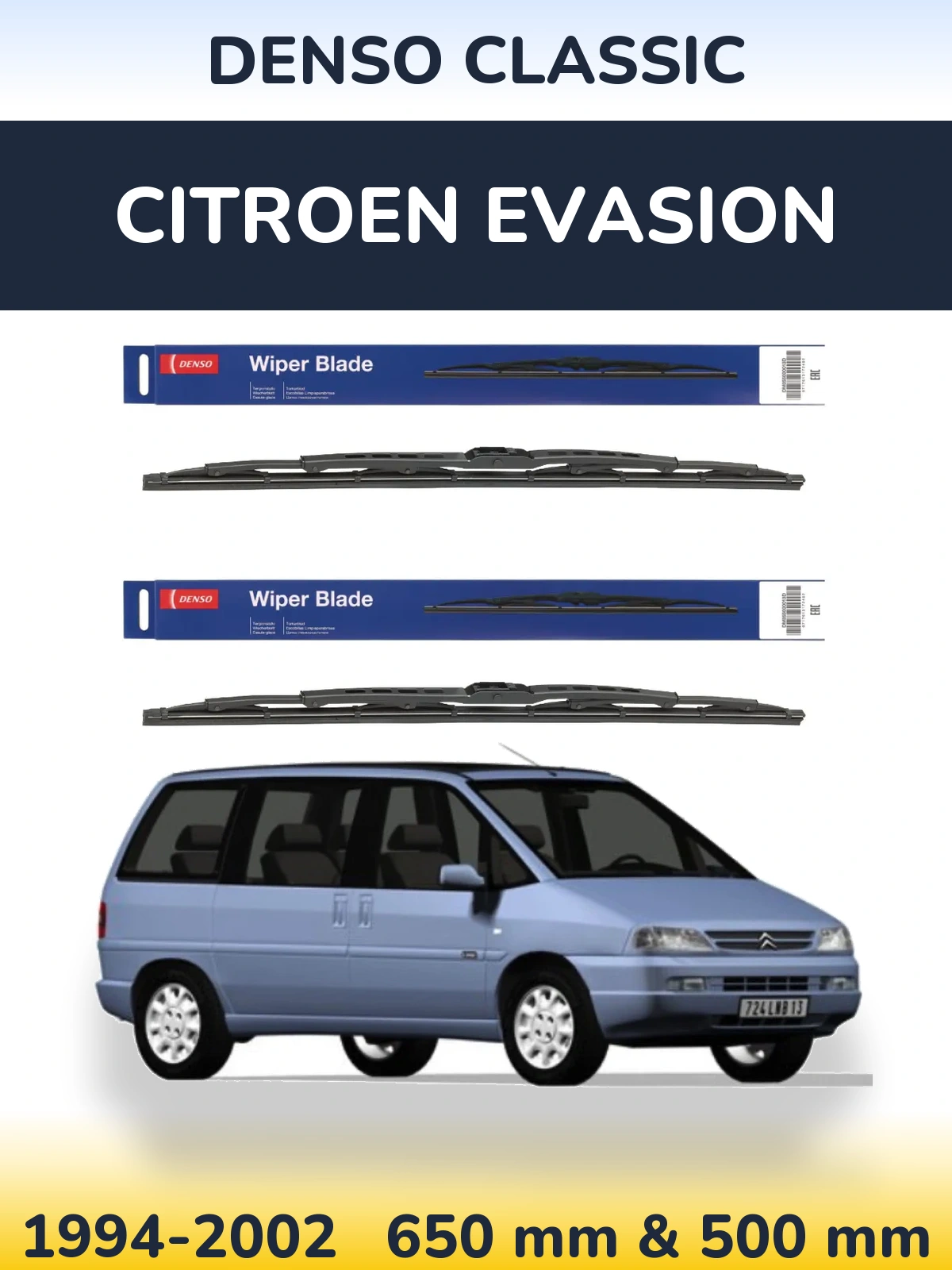 Front wiper blade set Denso Classic 650 & 500 mm for Citroen Evasion 1994-2002