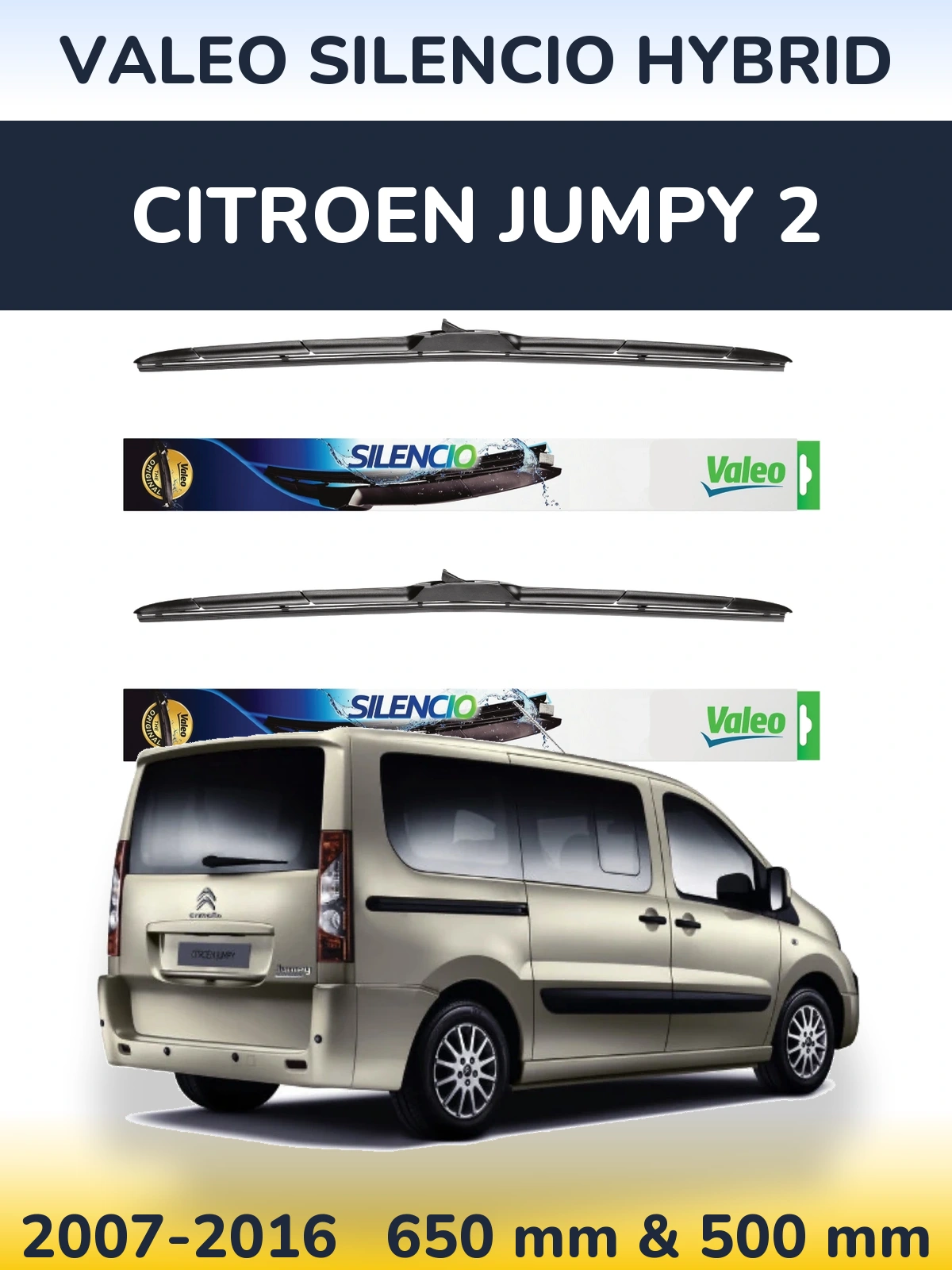 Sada předních stěračů Valeo Silencio Hybrid 650 a 500 mm pro Citroen Jumpy 2 2007-2016