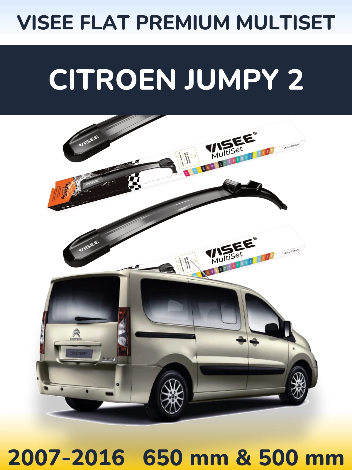 Sada předních stěračů VISEE FLAT PREMIUM MultiSet 650 a 500 mm pro Citroen Jumpy 2 2007-2016