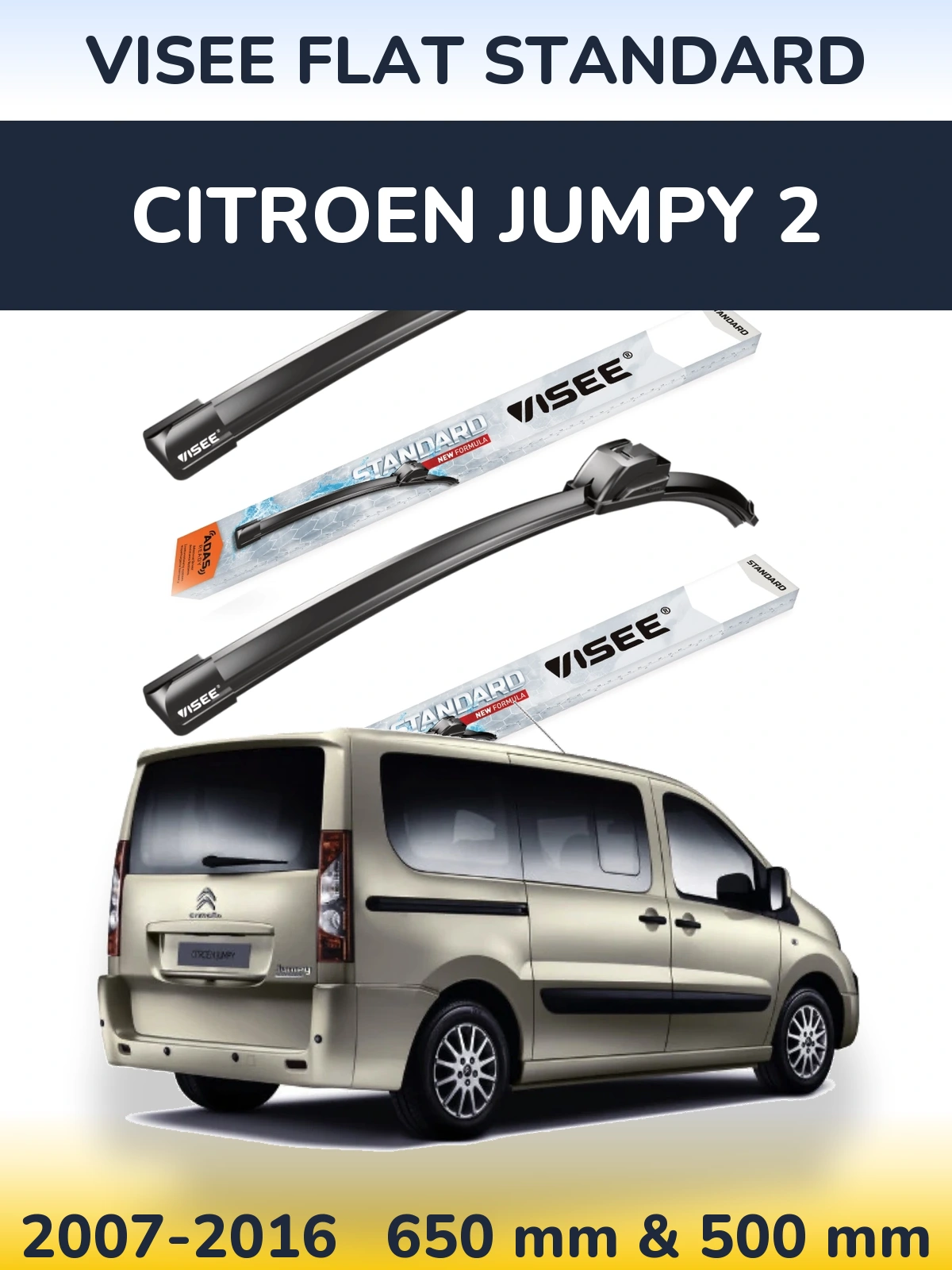 Sada předních stěračů VISEE FLAT STANDARD 650 a 500 mm pro Citroen Jumpy 2 2007-2016