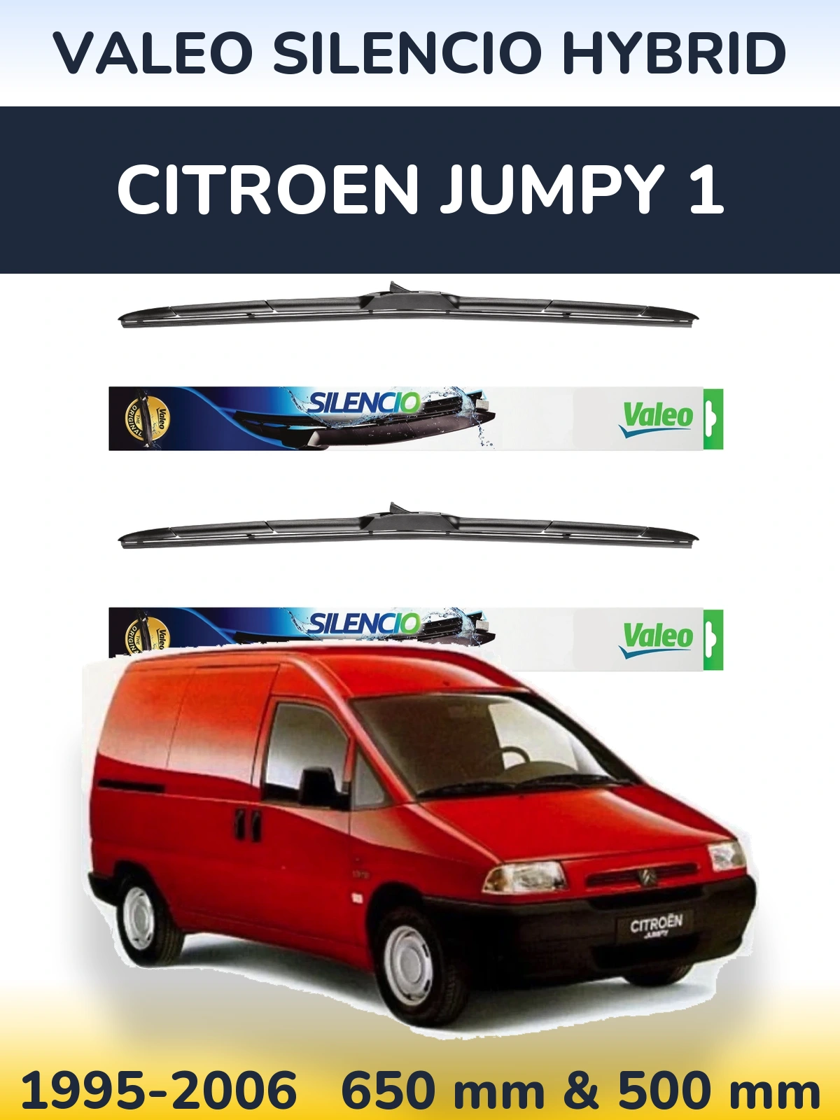 Sada předních stěračů Valeo Silencio Hybrid 650 a 500 mm pro Citroen Jumpy 1 1995-2006