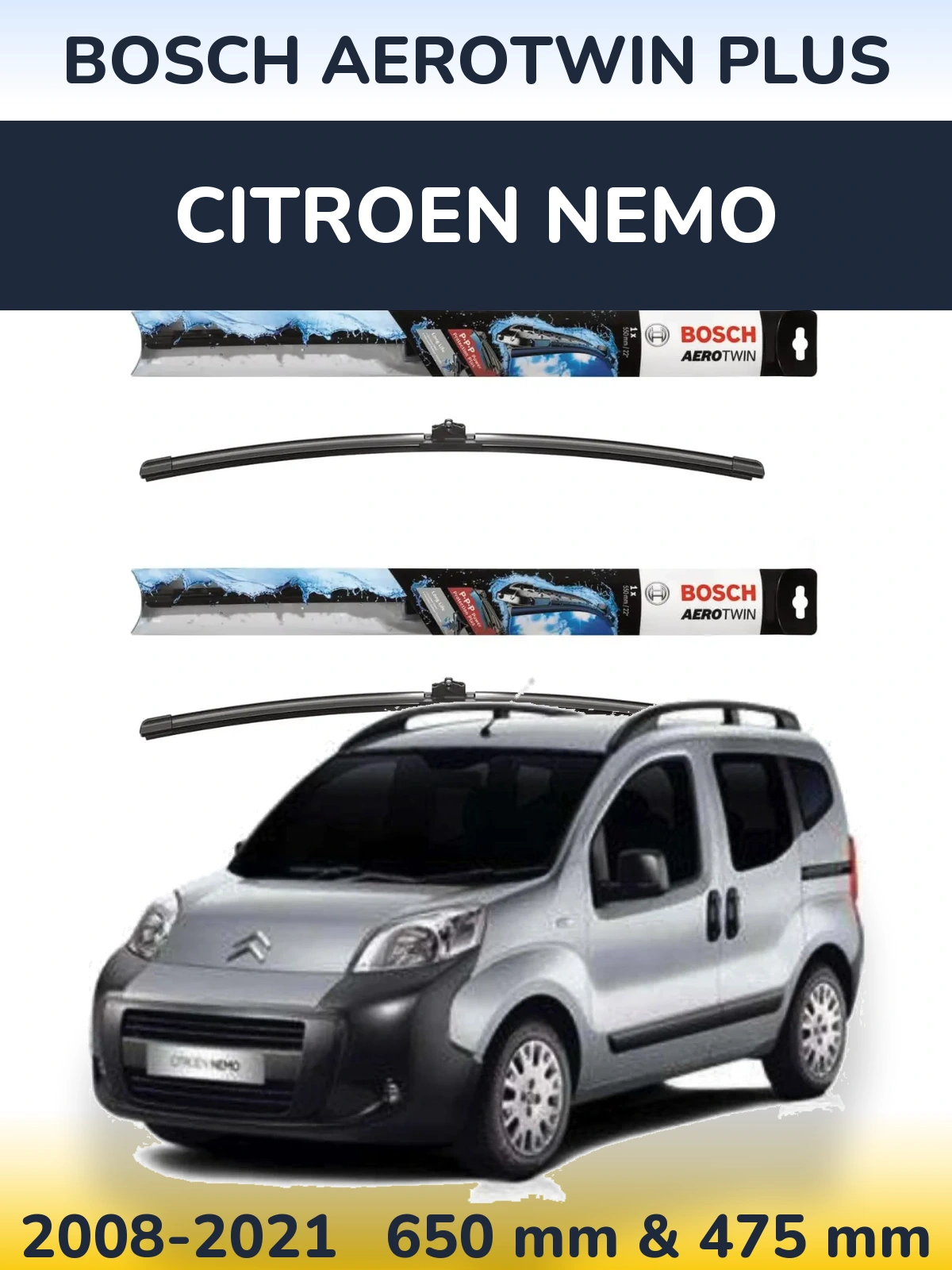 Sada předních stěračů BOSCH AeroTwin Plus 650 a 475 mm pro Citroen Nemo 2008-2021