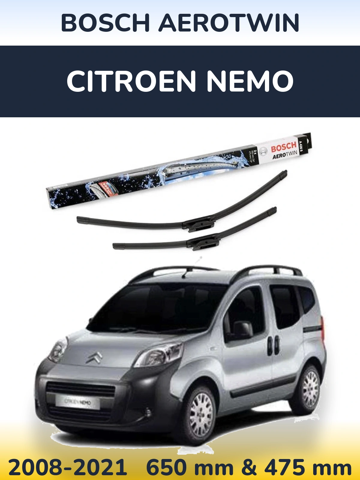 Комплект передніх щіток BOSCH AeroTwin 650 & 475 мм для Citroen Nemo 2008-2021
