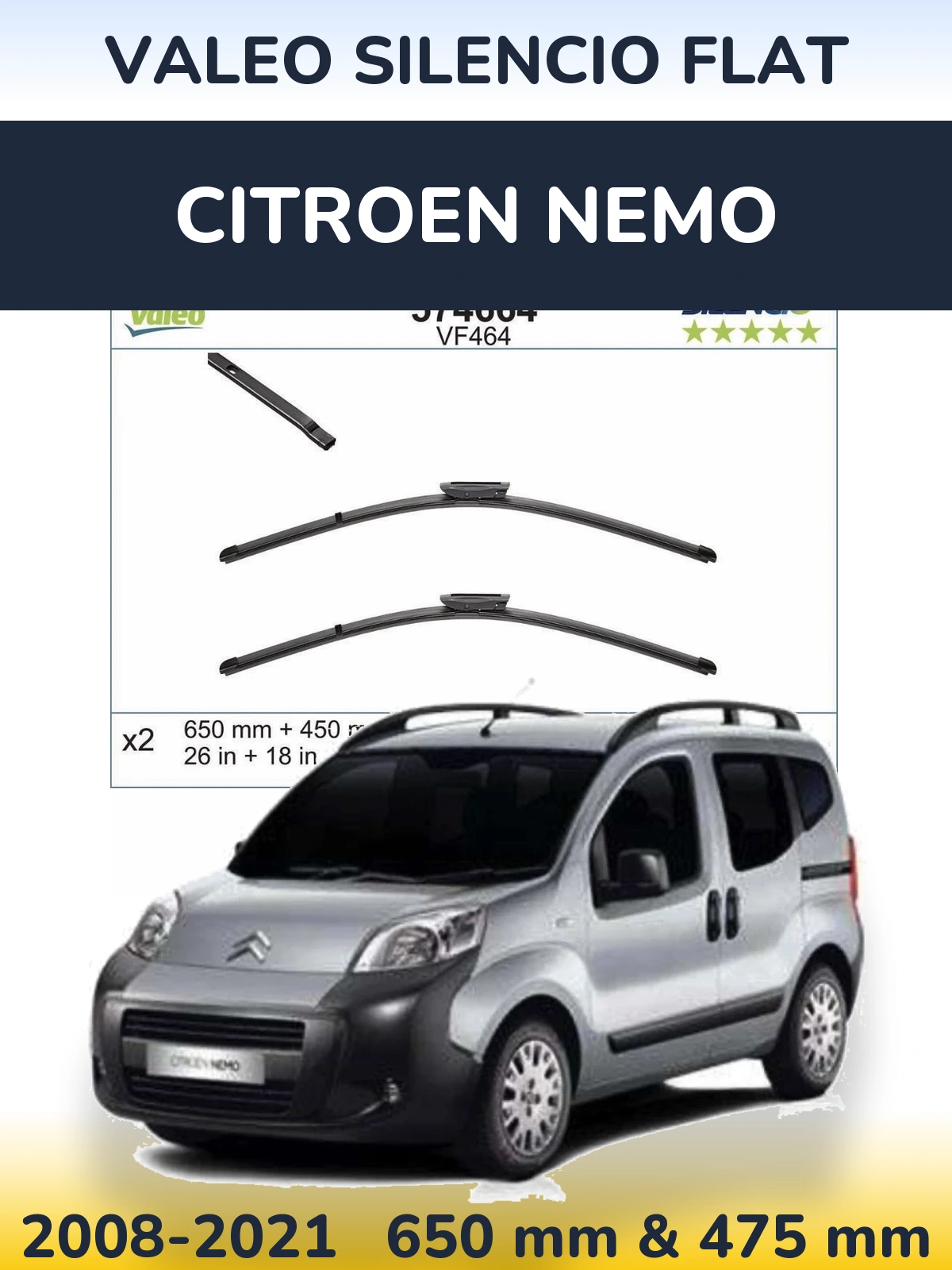 Sada předních stěračů Valeo Silencio Flat 650 a 450 mm pro Citroen Nemo 2008-2021
