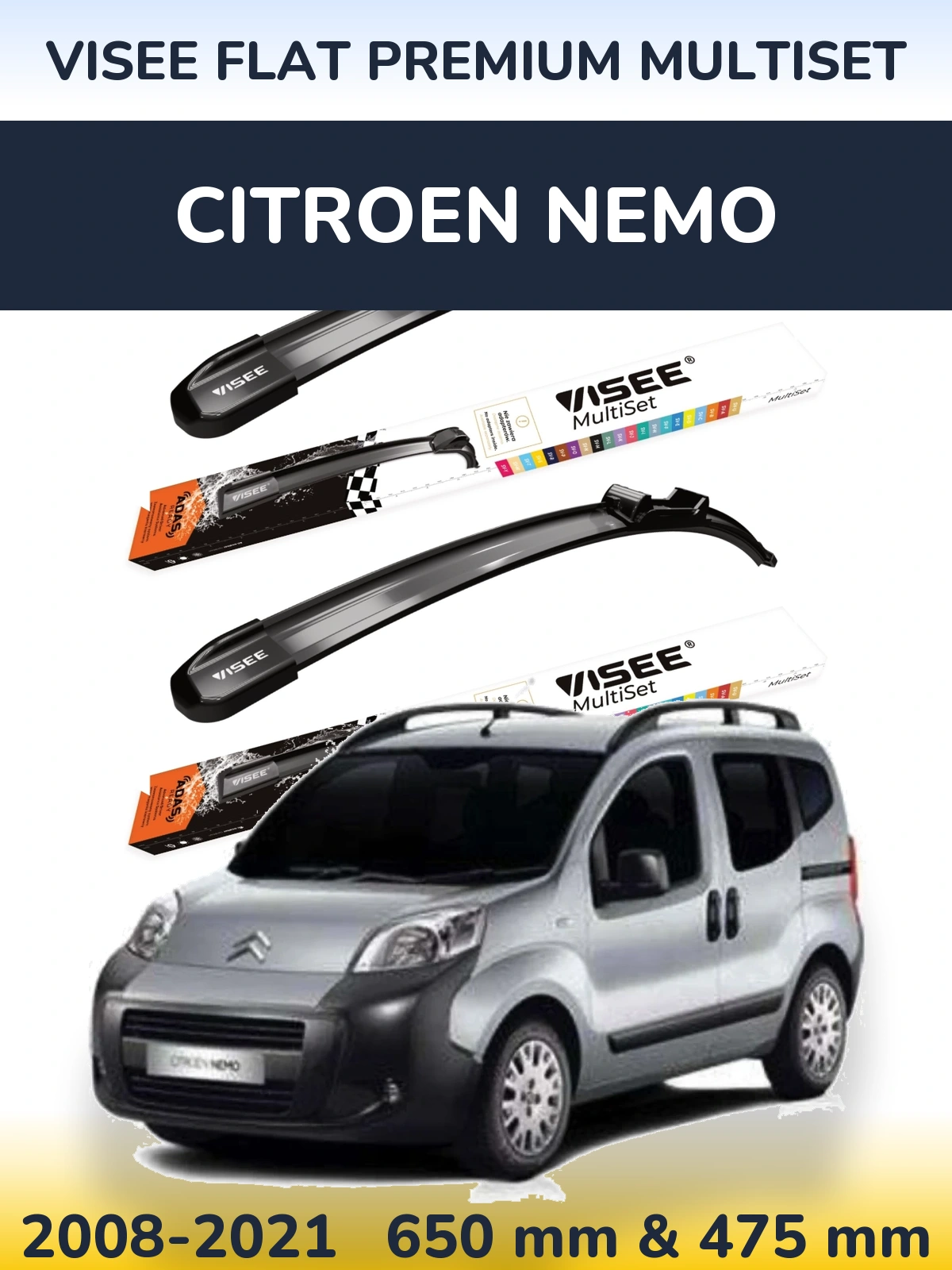 Sada předních stěračů VISEE FLAT PREMIUM MultiSet 650 a 475 mm pro Citroen Nemo 2008-2021