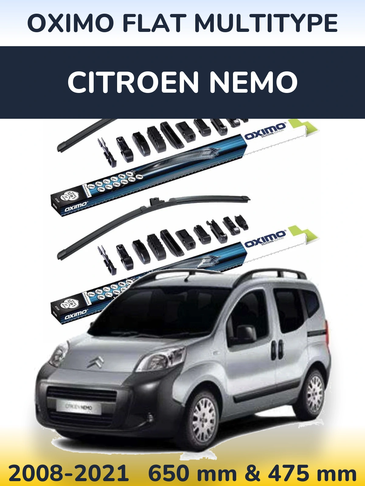 Sada předních stěračů Oximo Flat MultiType 650 a 475 mm pro Citroen Nemo 2008-2021