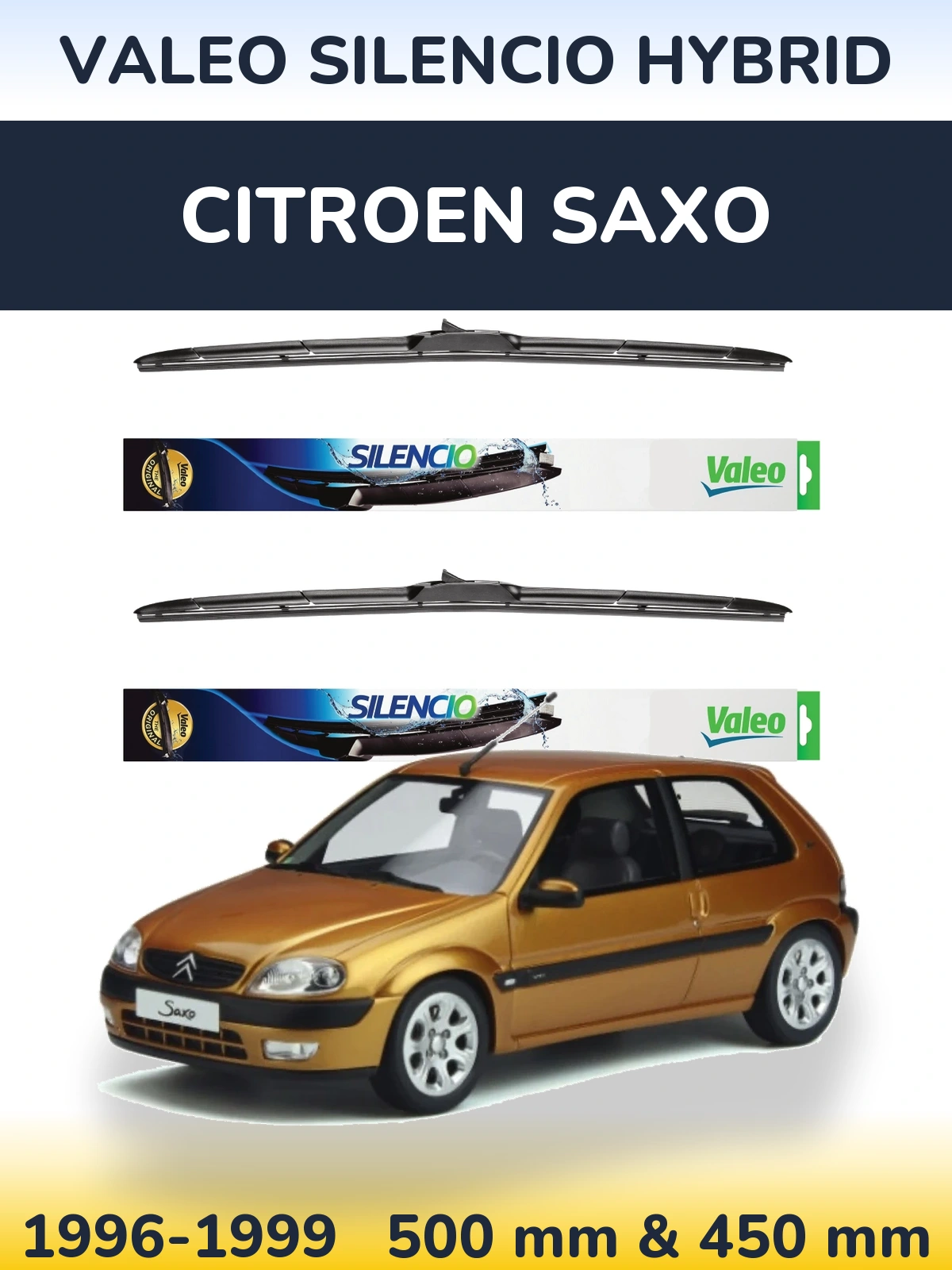 Sada předních stěračů Valeo Silencio Hybrid 500 a 450 mm pro Citroen Saxo 1996-1999