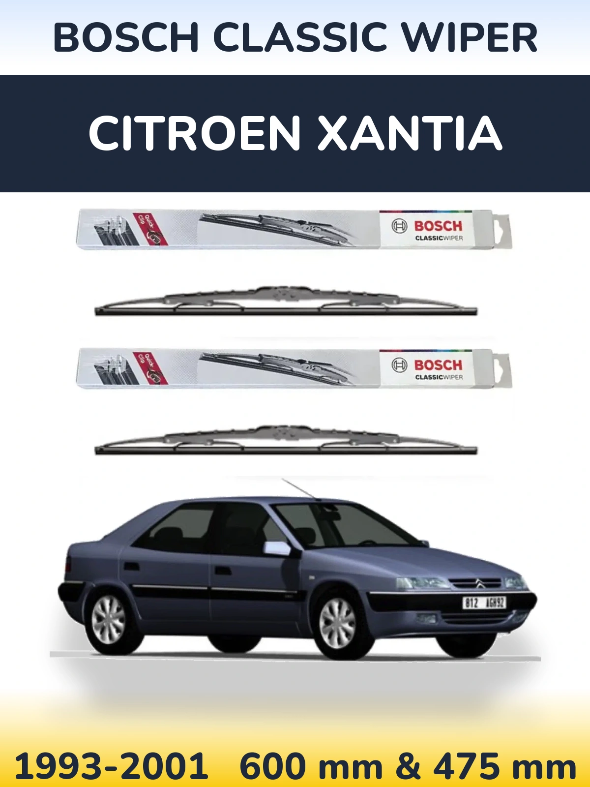 Sada předních stěračů BOSCH Classic Wiper 600 a 475 mm pro Citroen Xantia 1993-2001