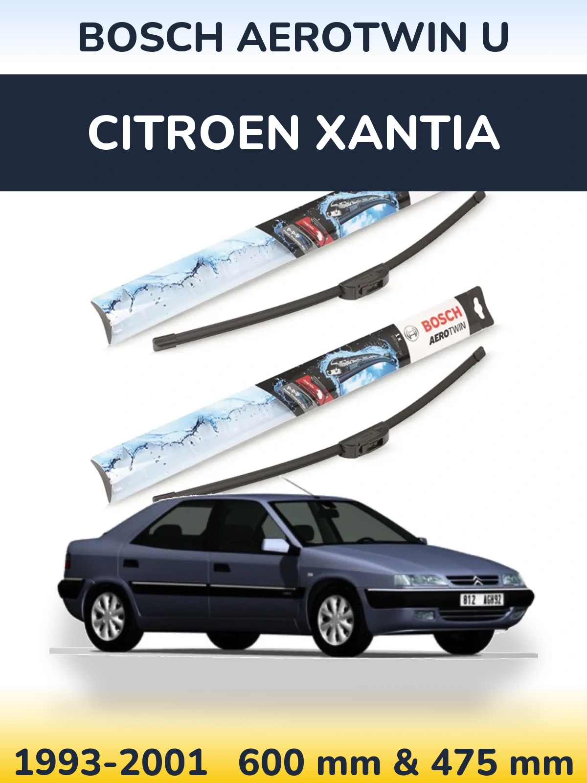 Sada předních stěračů BOSCH AeroTwin U 600 a 475 mm pro Citroen Xantia 1993-2001