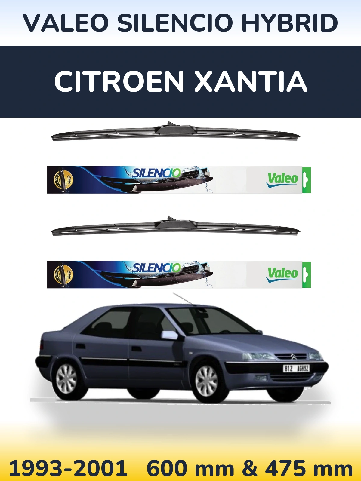 Sada předních stěračů Valeo Silencio Hybrid 600 a 475 mm pro Citroen Xantia 1993-2001