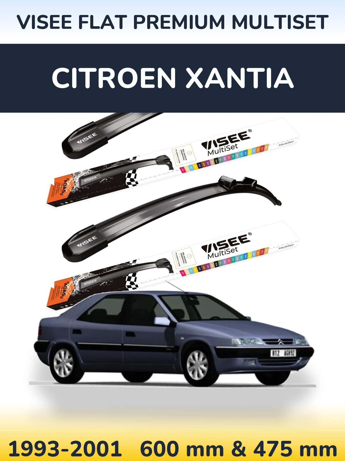 Sada předních stěračů VISEE FLAT PREMIUM MultiSet 600 a 475 mm pro Citroen Xantia 1993-2001