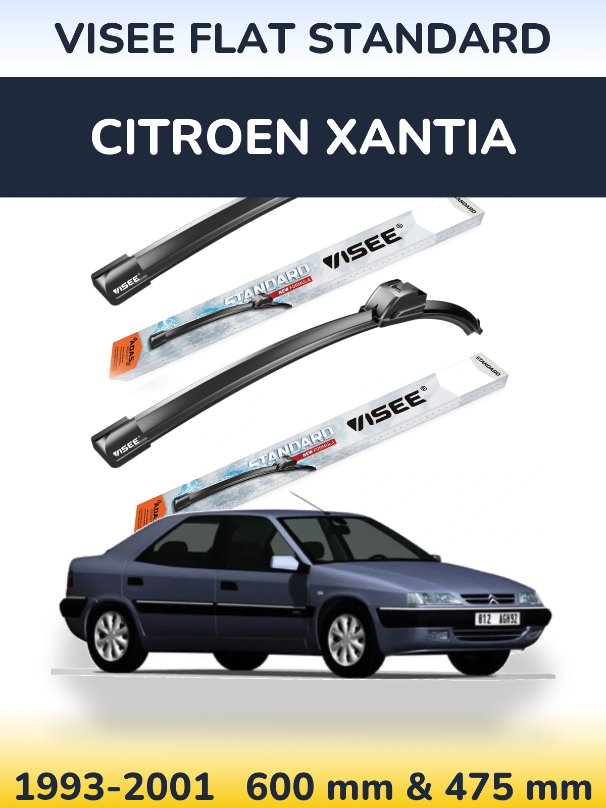 Sada předních stěračů VISEE FLAT STANDARD 600 a 475 mm pro Citroen Xantia 1993-2001