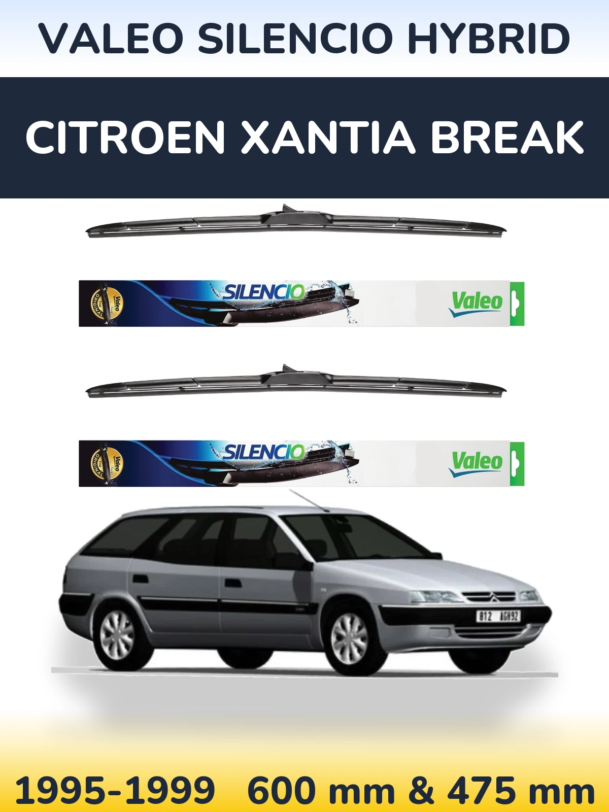 Sada předních stěračů Valeo Silencio Hybrid 600 a 475 mm pro Citroen Xantia Break 1995-1999