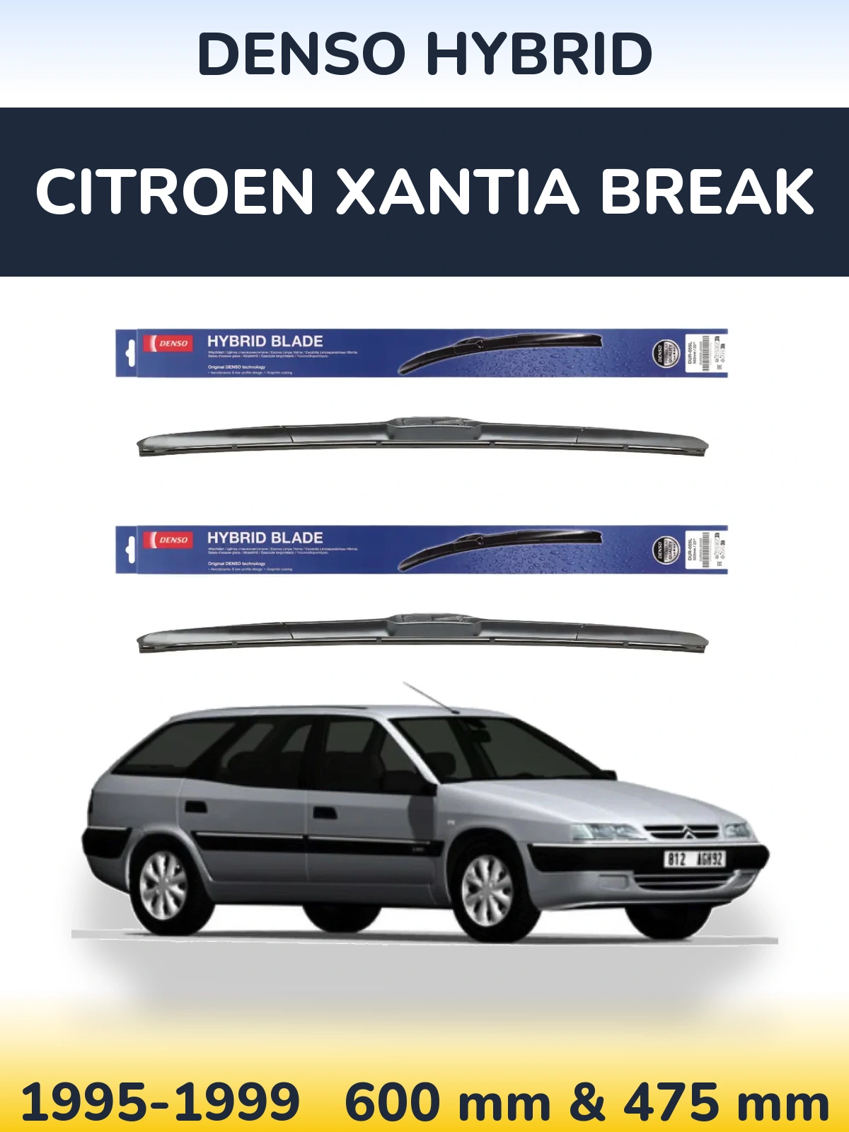 Sada předních stěračů Denso Hybrid 600 a 475 mm pro Citroen Xantia Break 1995-1999