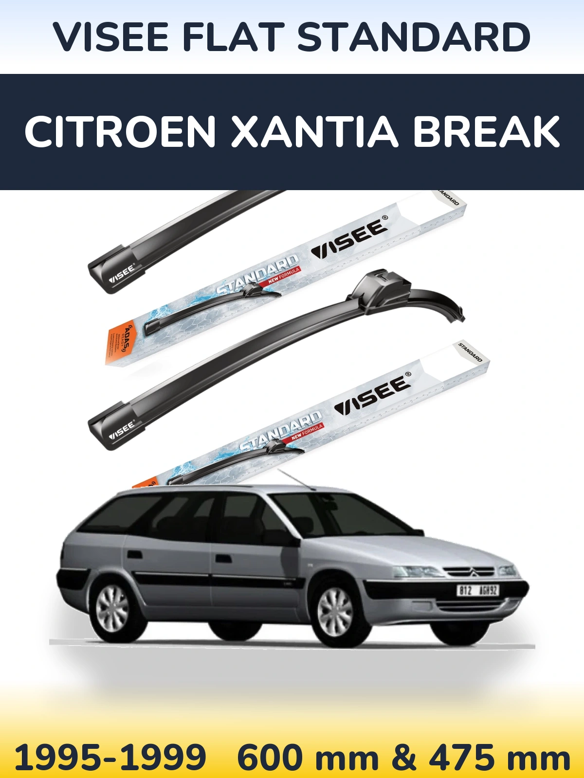 Sada předních stěračů VISEE FLAT STANDARD 600 a 475 mm pro Citroen Xantia Break 1995-1999