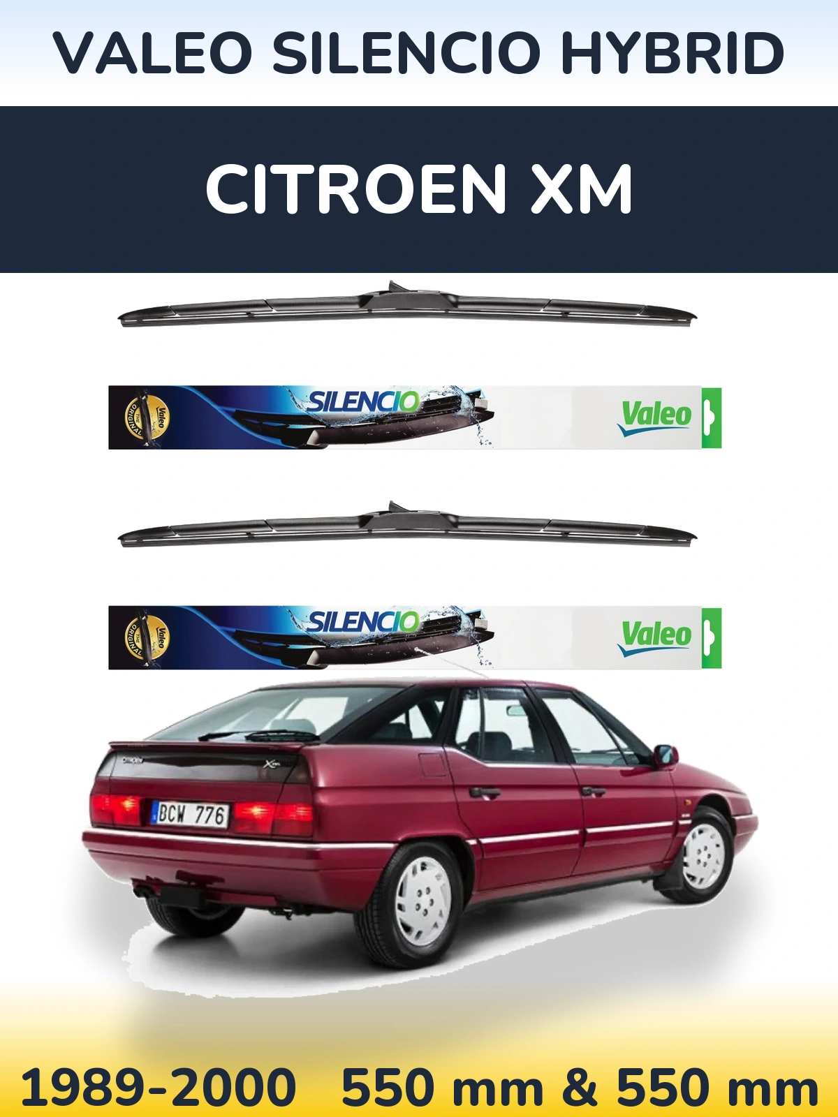 Sada předních stěračů Valeo Silencio Hybrid 550 a 550 mm pro Citroen XM 1989-2000