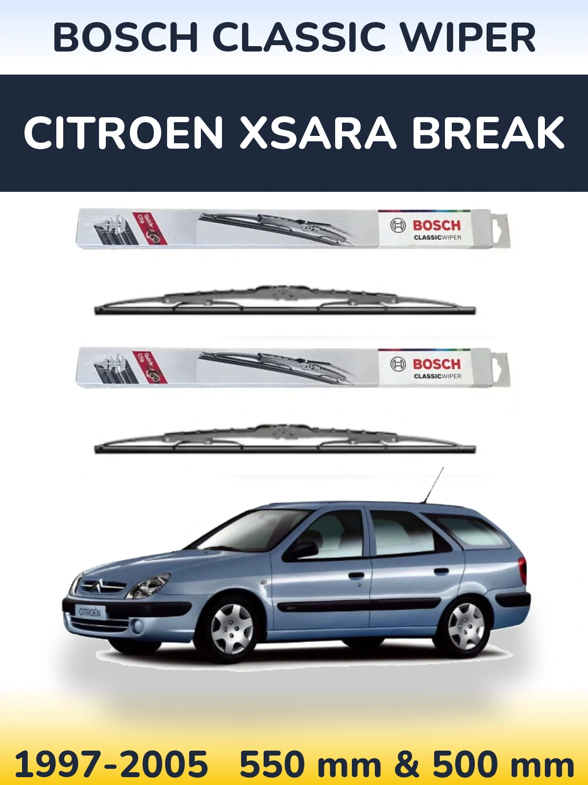 Sada předních stěračů BOSCH Classic Wiper 550 a 500 mm pro Citroen Xsara Break 1997-2005