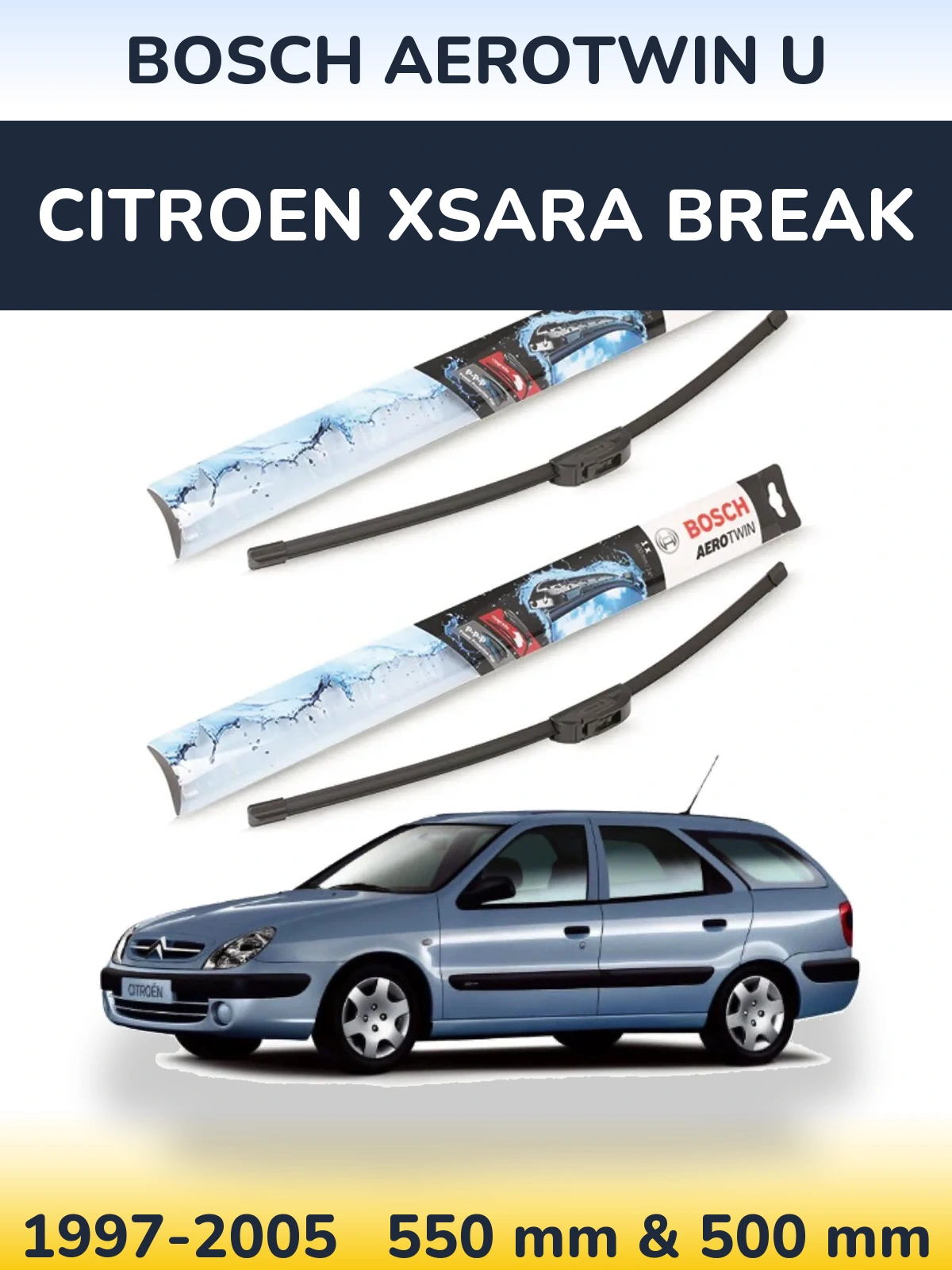 Sada předních stěračů BOSCH AeroTwin U 550 a 500 mm pro Citroen Xsara Break 1997-2005