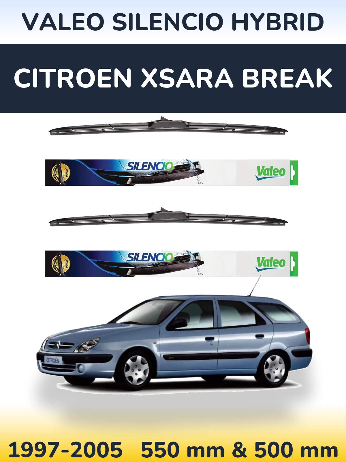 Sada předních stěračů Valeo Silencio Hybrid 550 a 500 mm pro Citroen Xsara Break 1997-2005