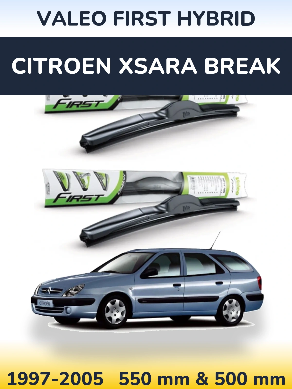 Sada předních stěračů Valeo First Hybrid 550 a 500 mm pro Citroen Xsara Break 1997-2005