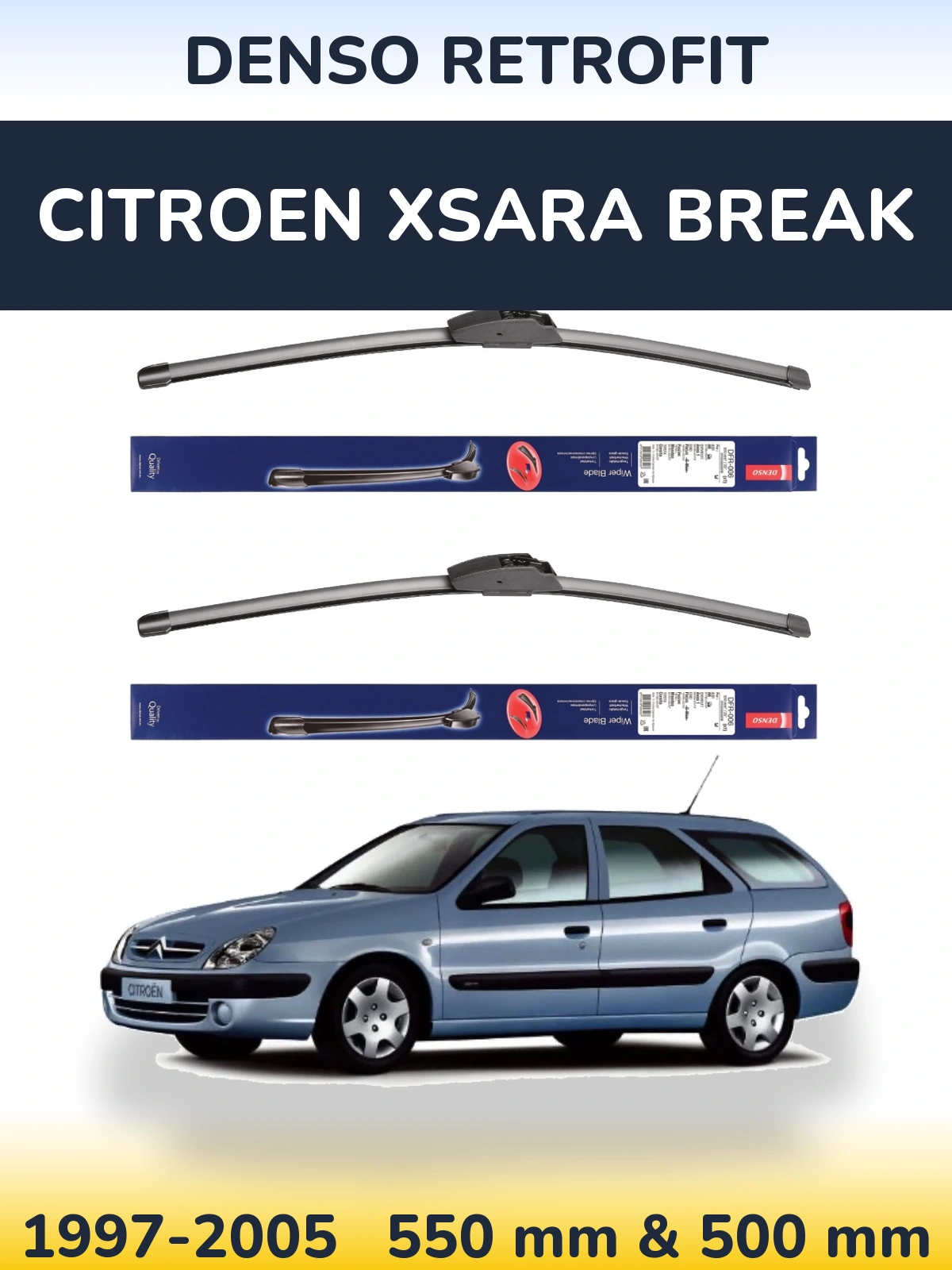 Sada předních stěračů Denso Retrofit 550 a 500 mm pro Citroen Xsara Break 1997-2005