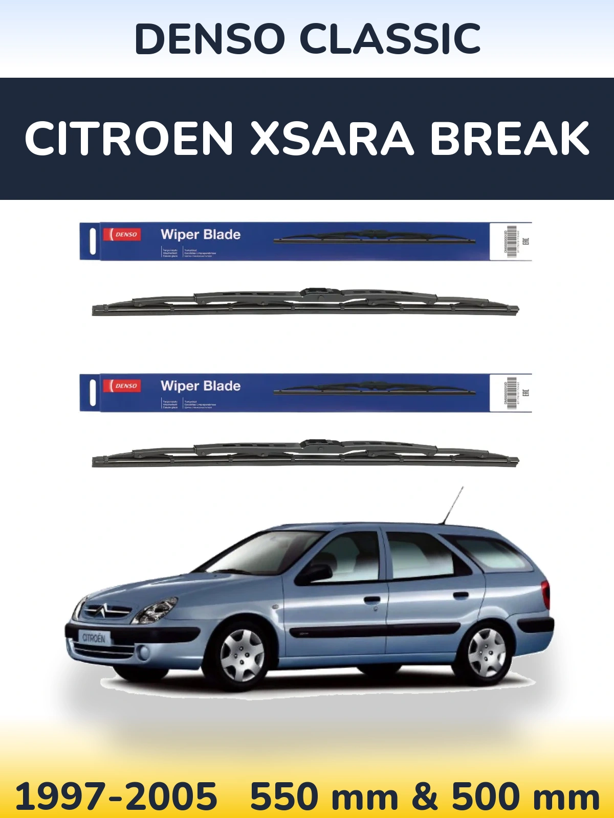 Sada předních stěračů Denso Classic 550 a 500 mm pro Citroen Xsara Break 1997-2005