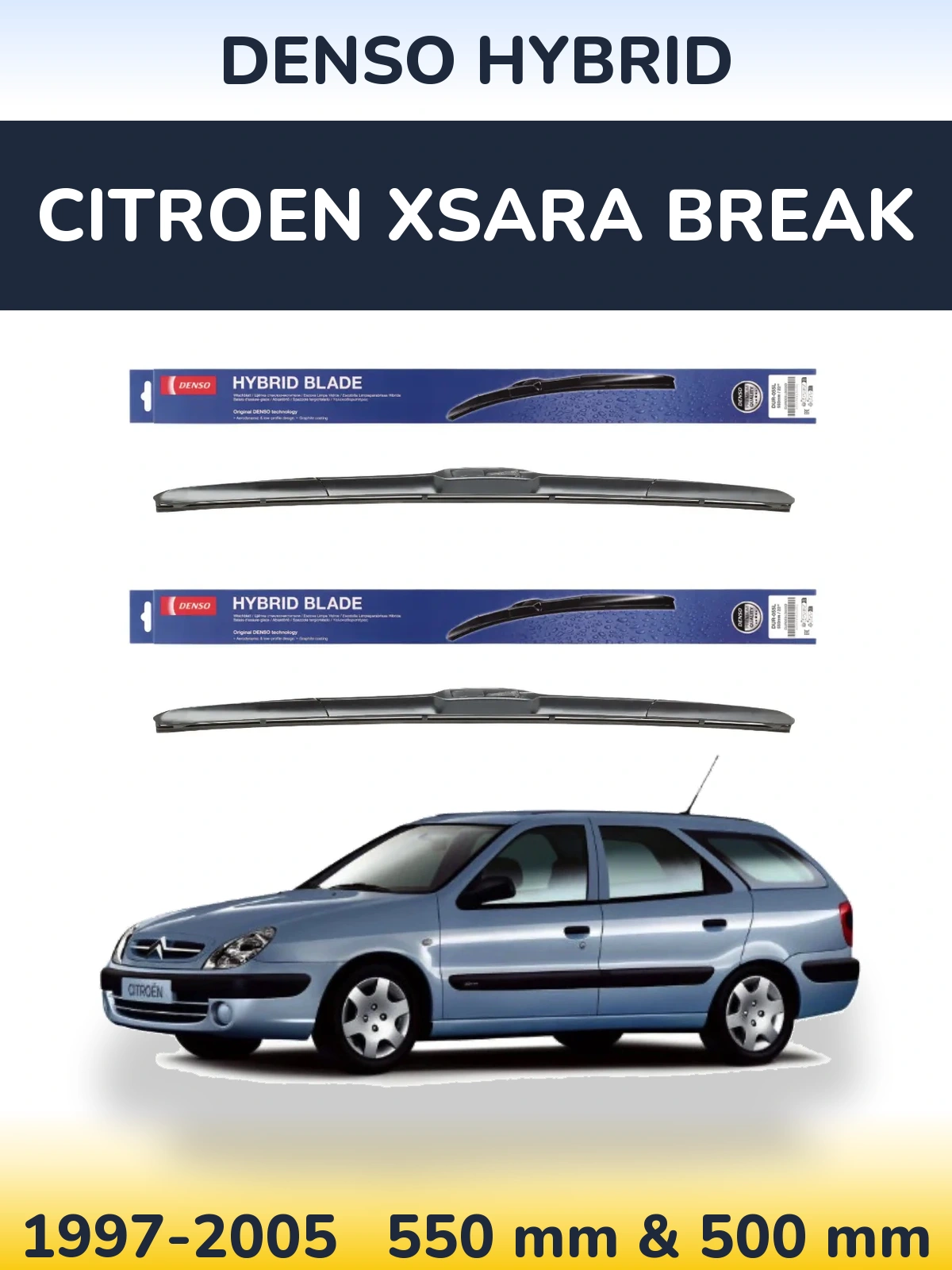 Sada předních stěračů Denso Hybrid 550 a 500 mm pro Citroen Xsara Break 1997-2005